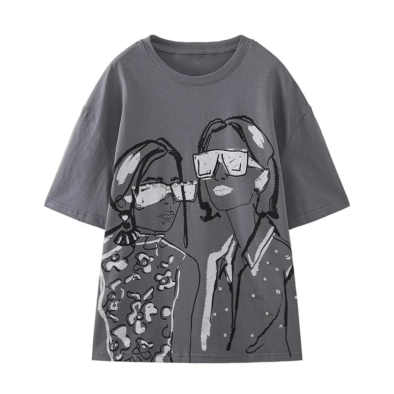 

2023 Summer New Women's Round Neck Short-sleeved Girls Printed Gray T-shirt Loose Casual Fashion All-match Tops