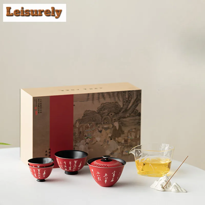 Hand-painted Poetry Red Tea Set Complete Set Vintage Gaiwan Tea Ceremony Set Household Teapot and Tea Cup Set for Tea Decoration