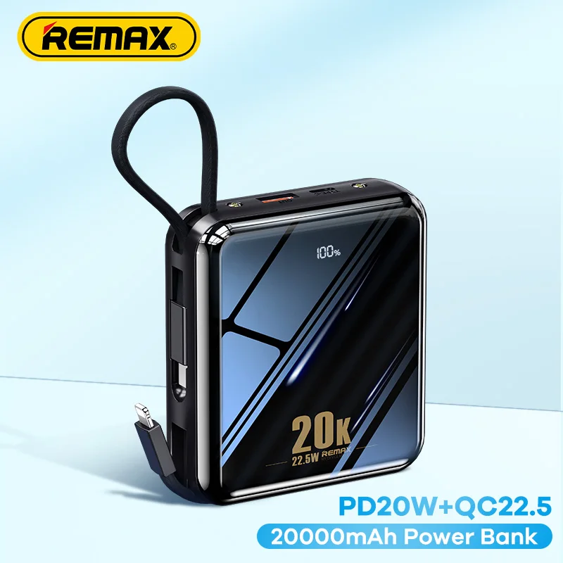 

Remax QC 22.5W Mini Power Bank 20000mAh 10000mAh For iPhone Huawei Xiaomi PD 20W Fast Charging External Battery Built In 3 Cable