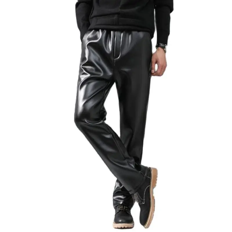 

High Quality Four Seasons Style PU Faux Leather Pants Men Windbreak Waterproof Motorcycle High Elastic Tight PU Leather Trousers
