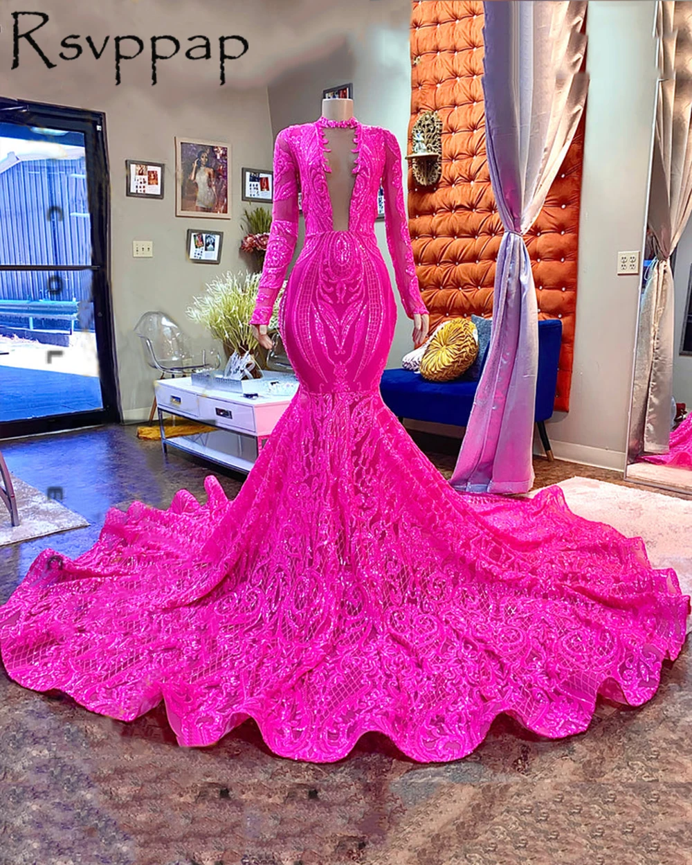 prom & dance dresses Hot Pink Mermaid Long Prom Dresses 2022 African Black Girl Long Sleeves Sparkly Sequin Luxury Party Prom Dress plus size prom dresses Prom Dresses
