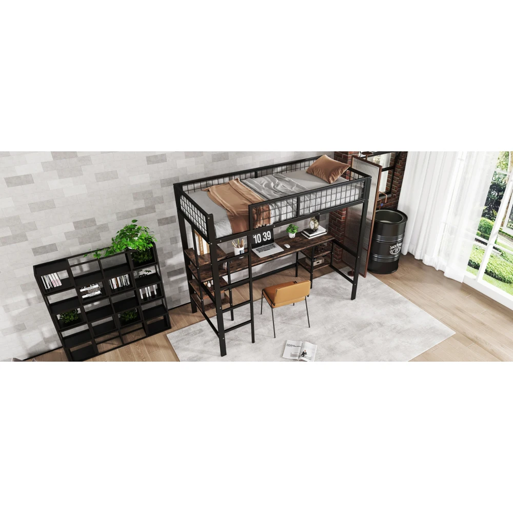 Multifunktionales 90x200cm Robustes Etagenbett aus Eisen und Spanplatte mit Tisch & Regal, 4-stufige Sicherheitsleiter für Kinder und Jugendliche für Zuhause und Wohnheim – Detail 14