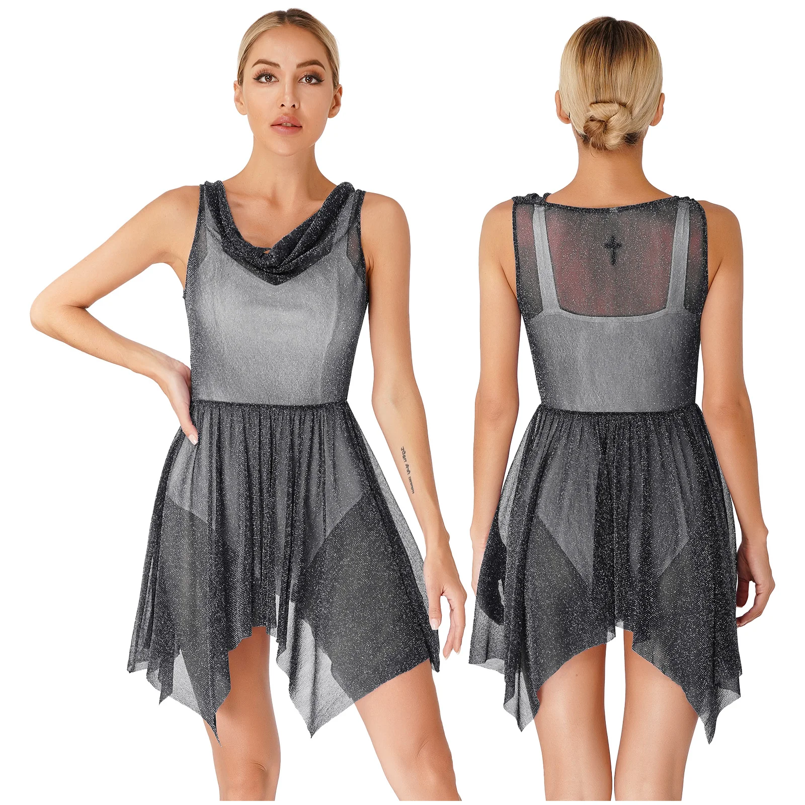 thumbnail image 1 of Ropa de baile lírica moderna para mujer, vestido de baile de alabanza de salón de baile con brillo brillante, vestidos de graduación con dobladillo asimétrico transparente, 1 of 5