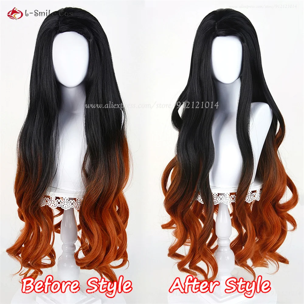 Kamado Nezuko Cosplay Perücke 100cm Gradient Curly Heat Resistant Synthetik Haar Anime Halloween 4