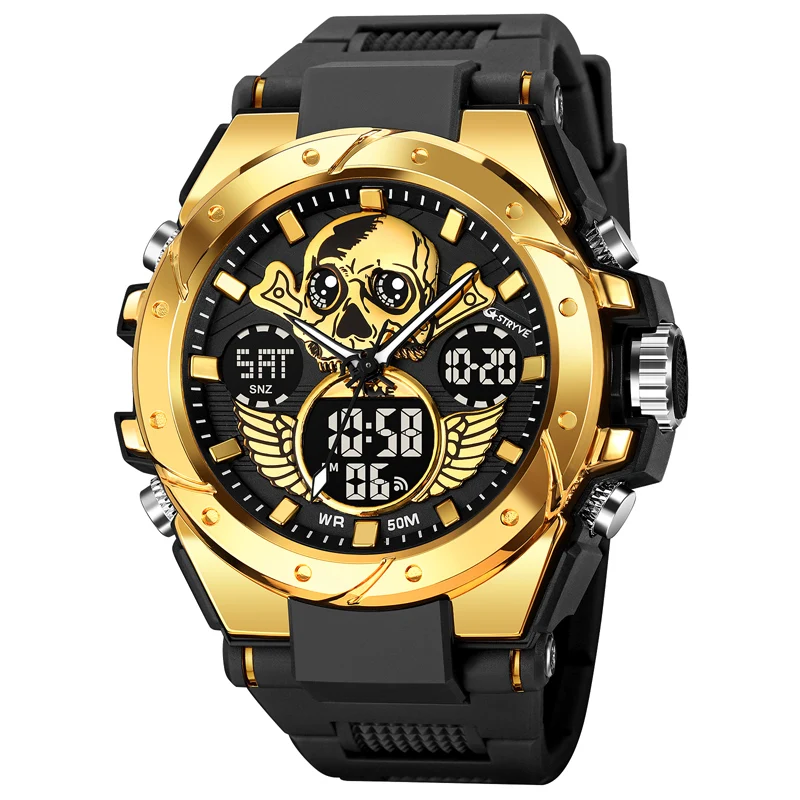 New STRYVE Men's Watch Creative Skull Design Digital-Analog Dual Display Watch Calendar Week Stopwatch Multifunction Watch S8008 hantek 200mhz mso5202d mixed signal digital oscilloscope 16 logical channels 2 analog channels external trigger channel