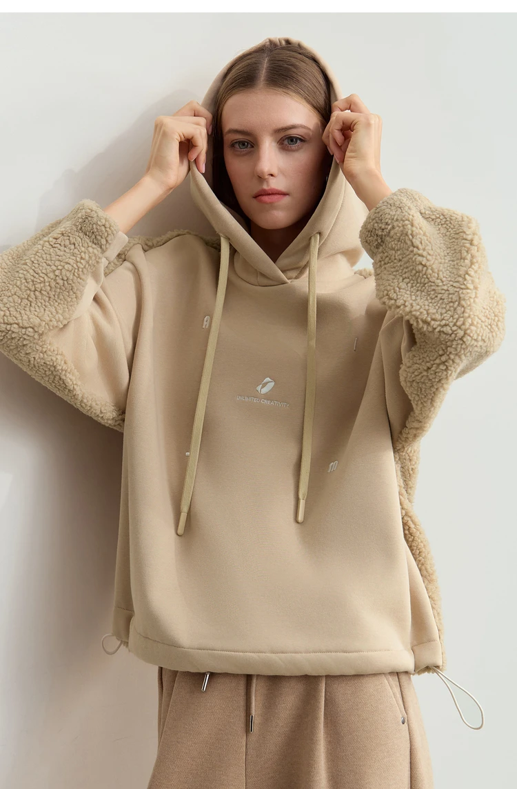 Amii Drawstring Hooded Splicing Imitation Lamb Wool Sweatshirt Embroidered 2024 Winter Women's Loose Thermal Tops 12444131