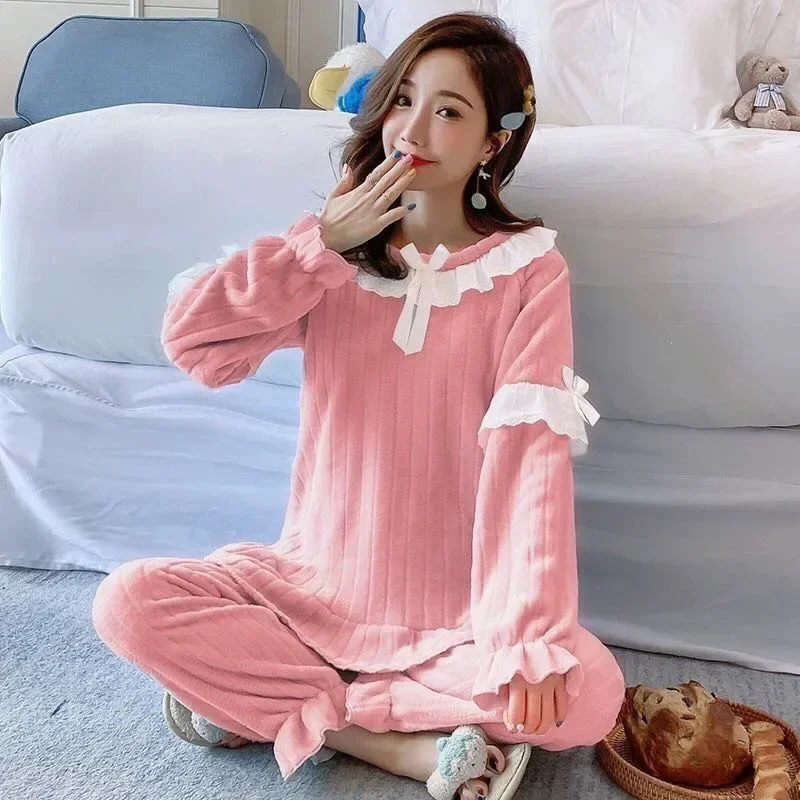2024New Winter Warm Women Pyjamas Set Thick Coral Velvet Long Sleeve Pajamas Set Leisure Sleepwear for Women Nightwear 2pcs Suit