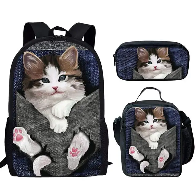 Harajuku Cute Cat Pattern 3pcs/Set Backpack 3D Print School Student Bookbag Travel Laptop Daypack Shoulder Bag Pencil Case