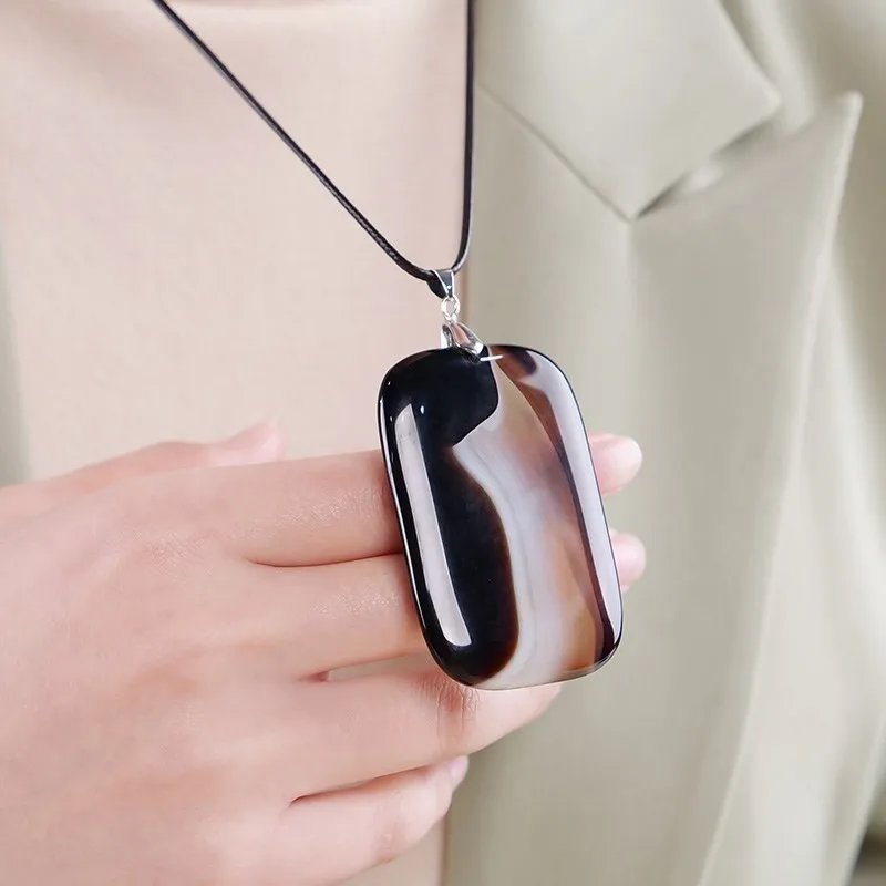 Natural Black Striped Agates Square Flat Pendant Necklace for Women Men agate pendant