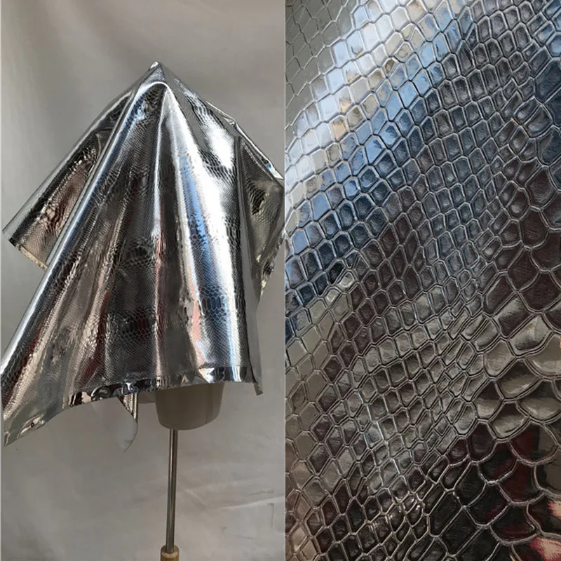 Good,Bright Silver Crocodile Pattern Leather Fabric,Coated Metal Mirror PU Imitation Leather Fabric,Sewing Material,DIY Bag