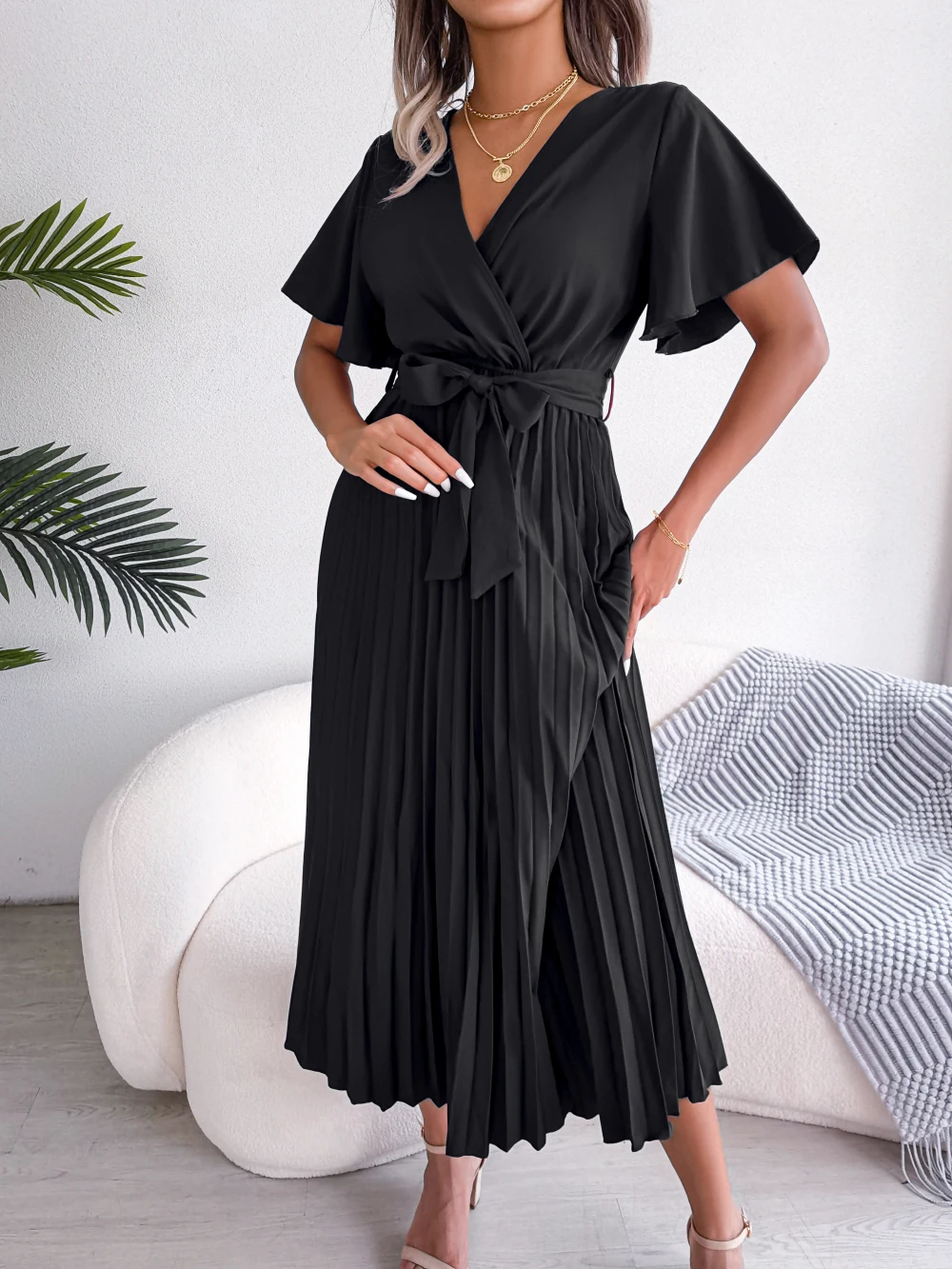 Sc2f661137aa3463c89d5e924cd4def89q Women Summer Casual V Neck Short Sleeve Pleated Chiffon Maxi Dress Black Red Green Clothing Mallzona