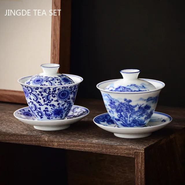 Fehér Porcelán Kék -Fehér Táj Gaiwan Otthon Borító Teáscsésze Tál Kínai Kerámia Teakészletek Kézzel Készített Tea Készítő - Image 2