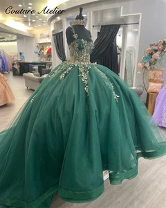 Vintage Gold Appliques Spaghetti Green Ball Gown Quinceanera Dress 2024 Princess Dress Sweet 16 Dress vestidos para quinceañeras
