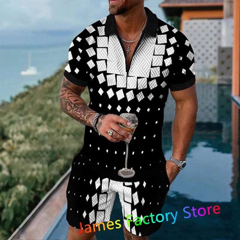 

Men's 2 Piece Set Tracksuit Set Summer Trend Geometric Pattern Short Sleeve Polo Shorts Suit Male Sportwear Clothing For Men