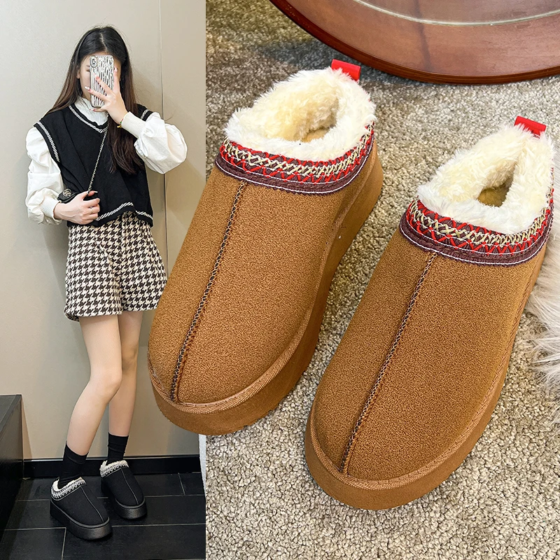 Women Snow Boots Women Shoes Suede Flats Platform Warm Causal Slippers New Autumn Winter Snow Boots Fur Round Toe Slingback Mujer Zapatillas