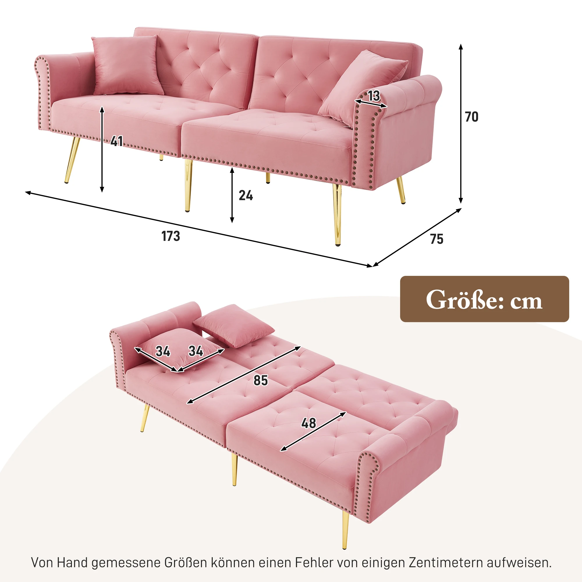KOMHTOM 2 Sitzer Schlafsofa Mit Samtbezug Rückenlehne 3 Stufiger Verstellung Und Vergoldeten Metallfüßen Sofa Mit Schlaffunktion – Detail 22