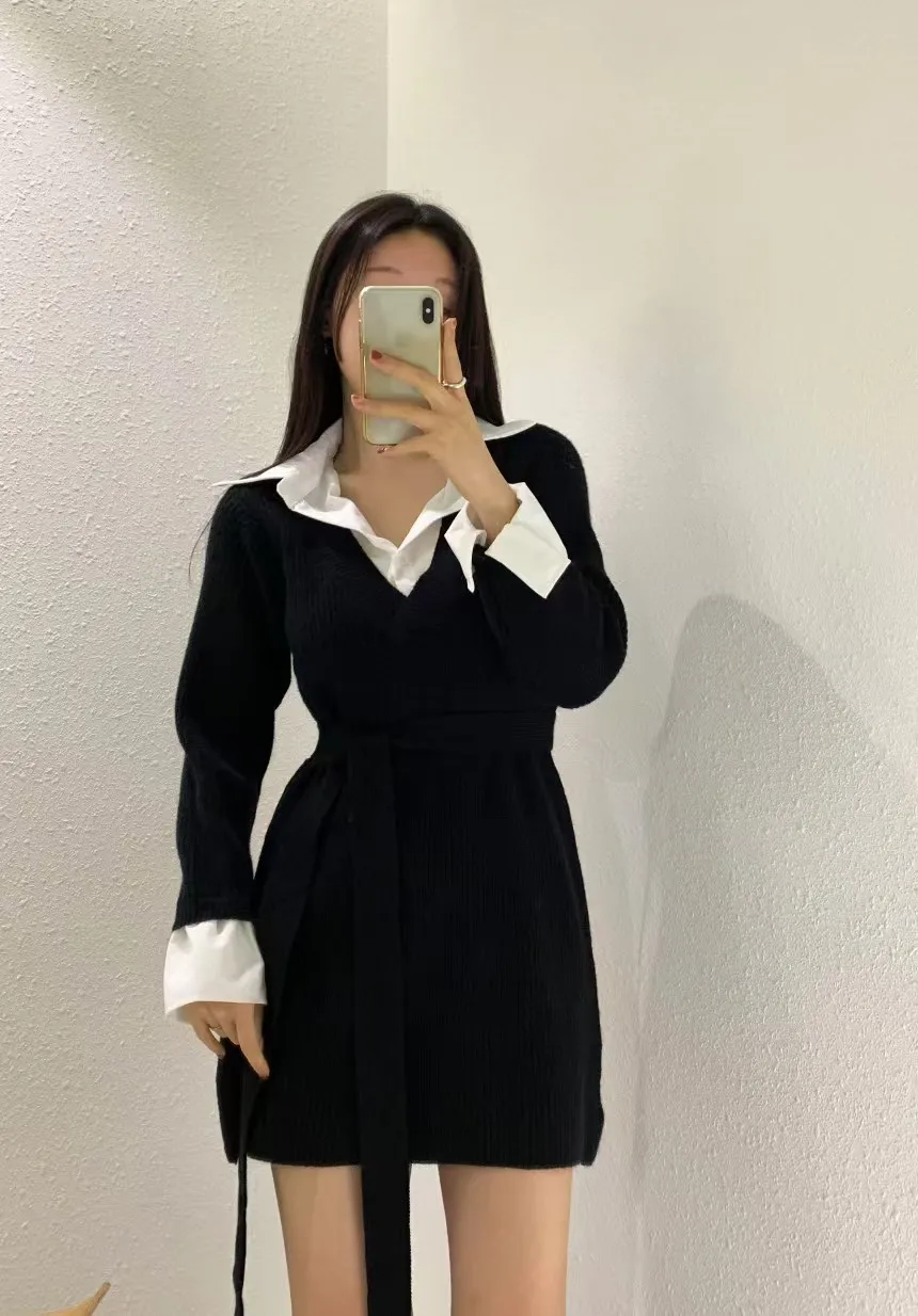 Korean Chic Mini Dresses Women Turn-down Collar Long Sleeve Shirt Patchwork Autumn Winter Knitted Dress Casual Fashion Vestidos