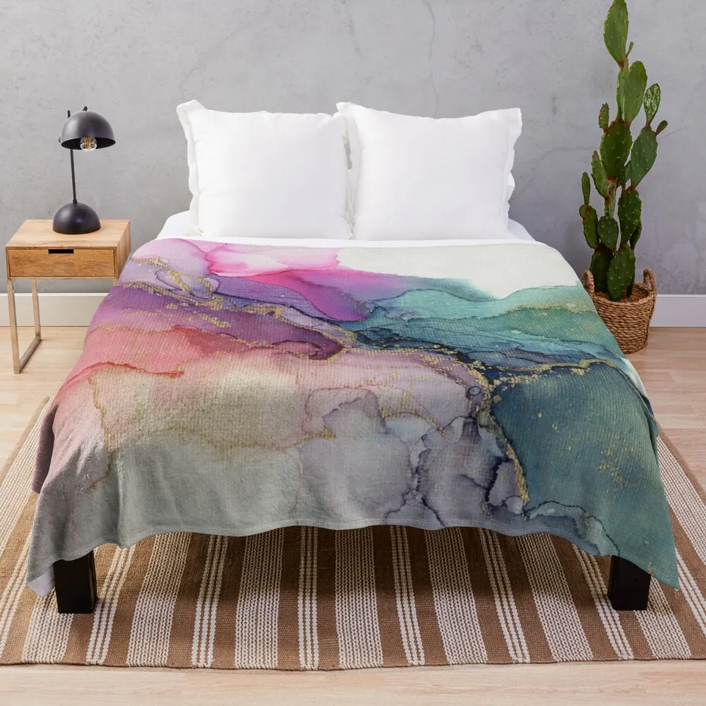 

Abstract Coral Turquoise Gold Ink Painting on Canvas Throw Blanket sofa bed Custom Blanket