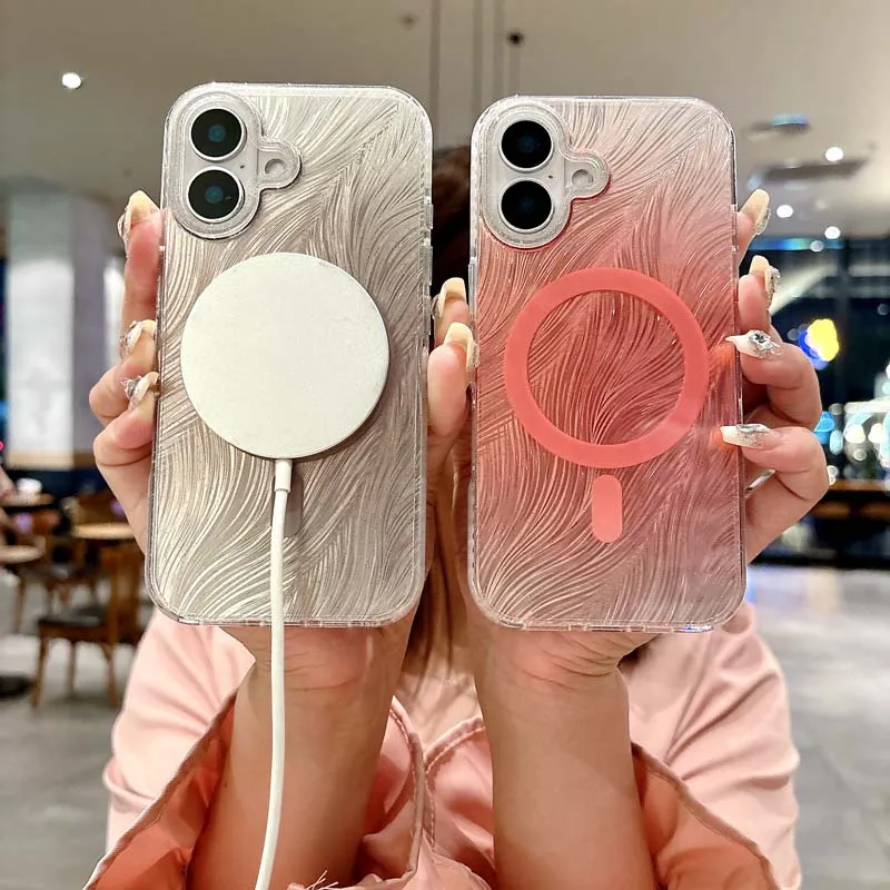 Luxury Gradient Laser Feather Yarn Diamond Phone Case for Case for IPhone 16 15 14 13 Pro Max 16pro Glitter Magnetic Cover_voghion.com