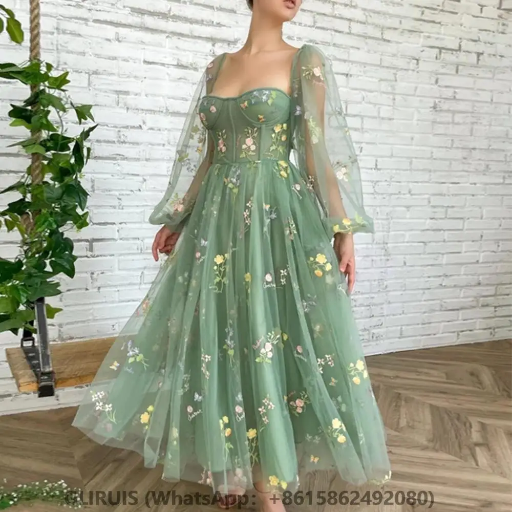 

Green A-Line Tea Length Evening Dress Sexy Strapless Appliques Prom Gowns Illusion Wedding Party Dress