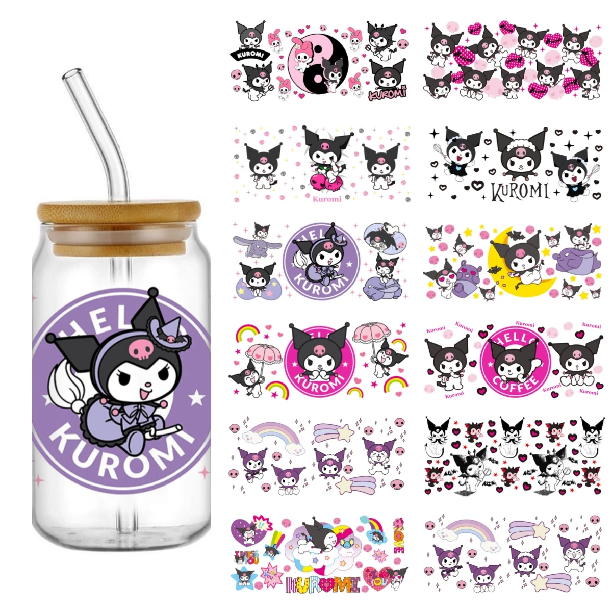 UV DTF Wrap Transfer Cup Wraps Miniso Cartoon Kuromi Pattern UV DTF Transfer Sticker Waterproof Transfers Decals For 16oz Glass Cup Wrap sticker