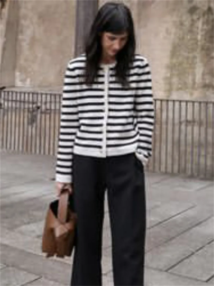 Suéter de punto a rayas, cárdigan, abrigo para mujer, suelto, de manga larga, a la moda, ajustado, con parches en contraste, prendas de vestir exteriores, abrigo de punto de verano