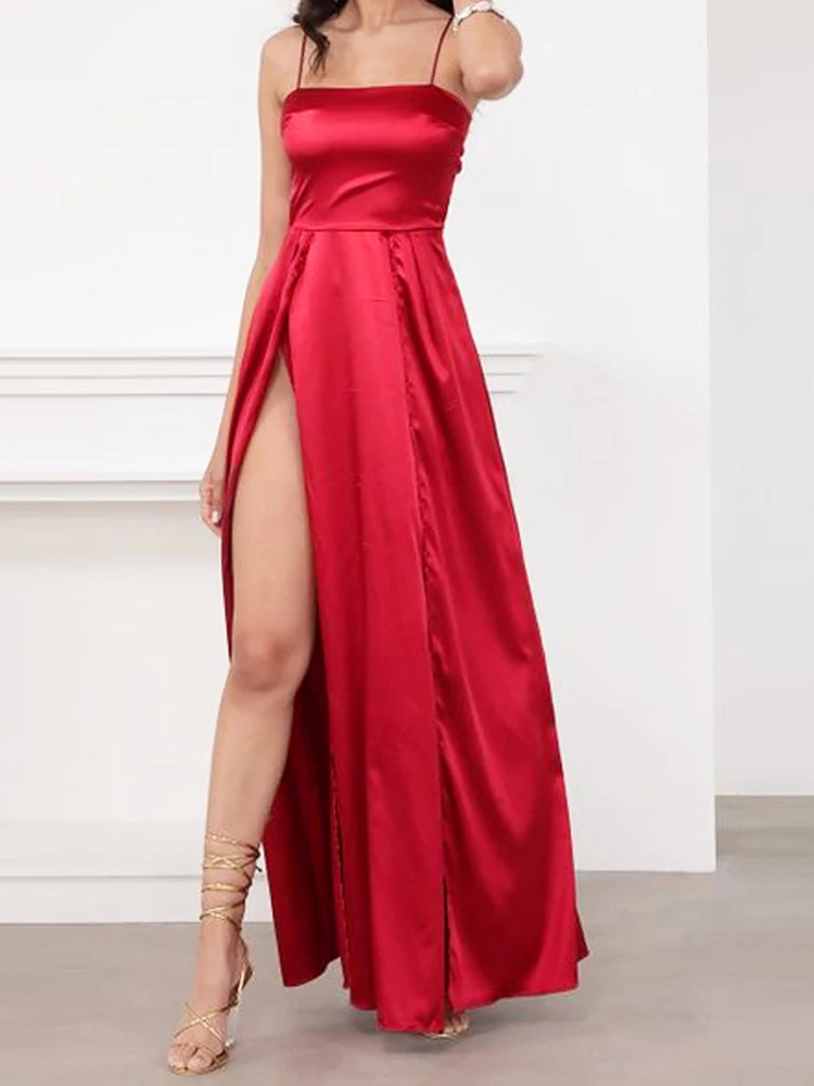 strapless open back dress Mermaid Spaghetti Straps Low Cut Red Satin Prom Dress with Split PG761 US12 / Red