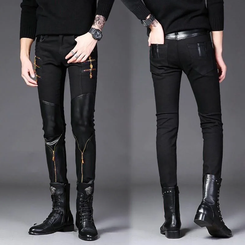 Men's Punk Style Skinny Pants With Leather Patchwork Slim Fit Stretchy Trousers With Zippers Decoration