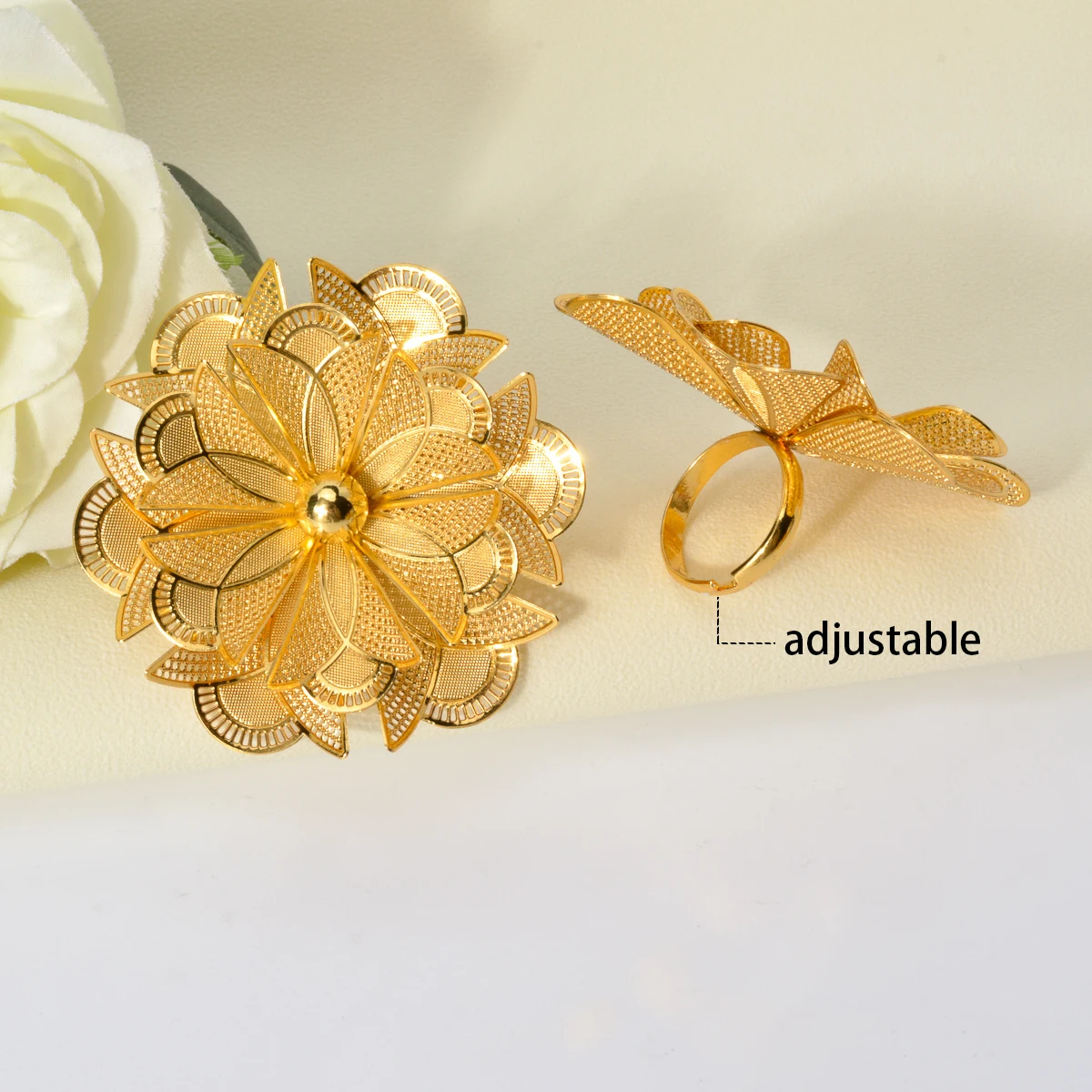 Flower Bouquet Big Flower Design Gold Ring Dubai Flower Gold Color