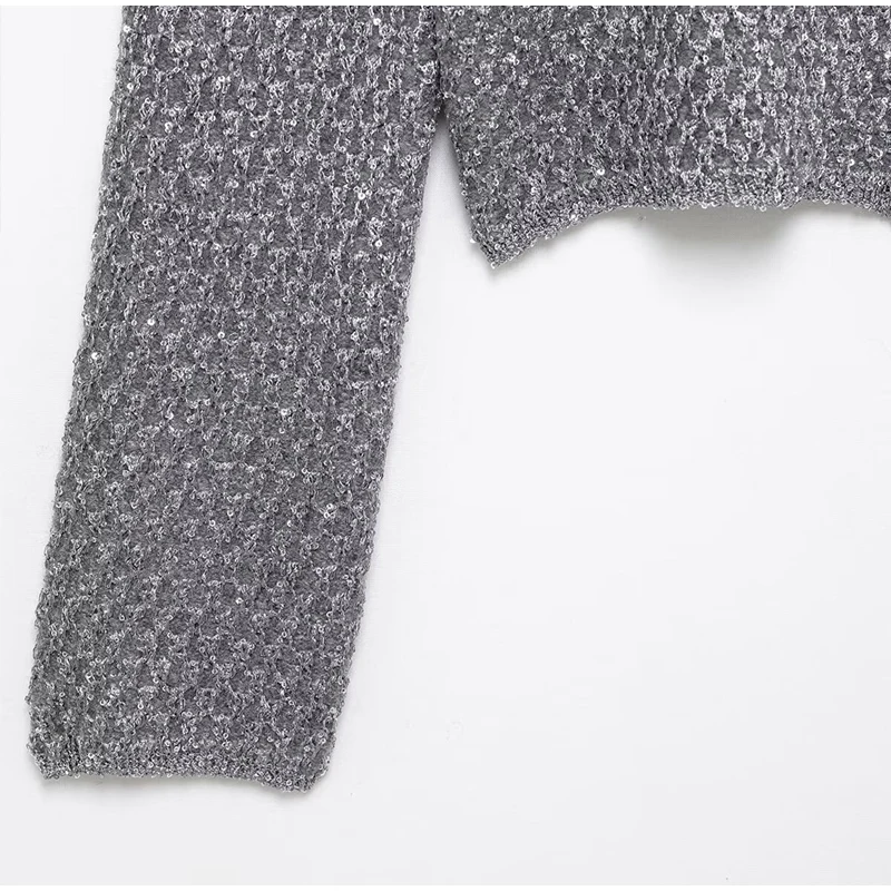 Slim Sequin O Neck Knitted Cardigan Women Long Sleeve Single Breasted One Button Sweater 2025 Spring Lady New Commute Knitwear