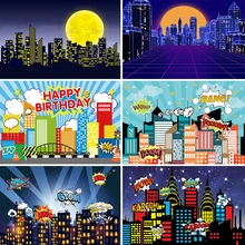 

Laeacco City Building Night Superhero Birthday Moon Baby Party Photo Backdrop Photographic Background Photocall For Photo Studio