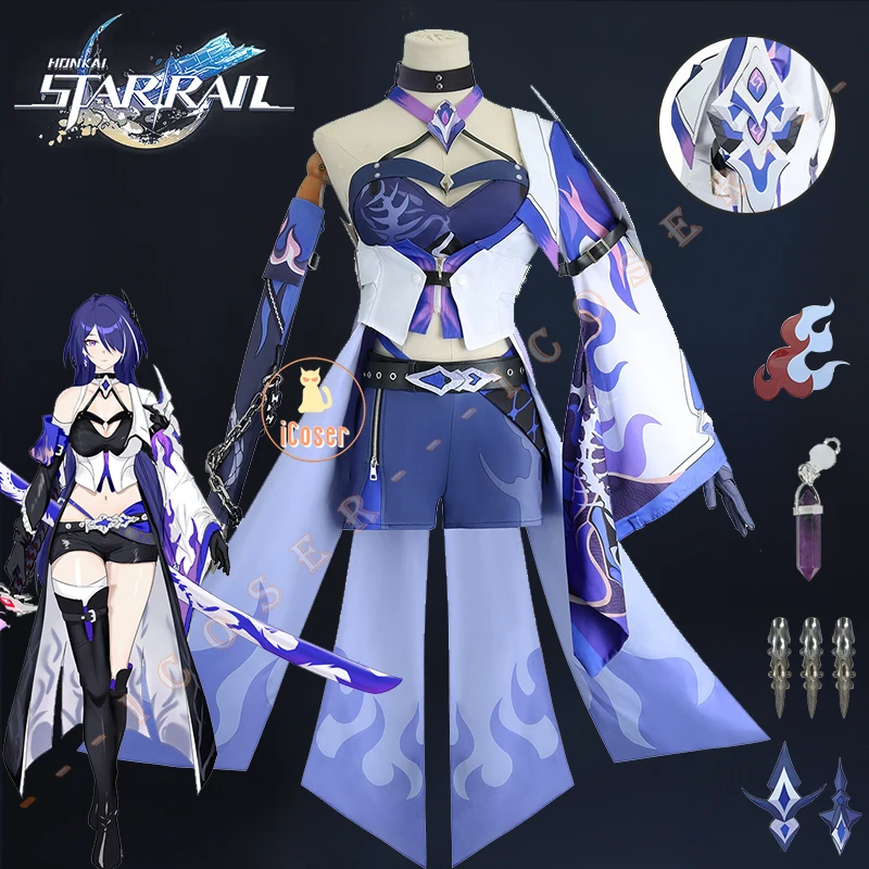 Honkai 스타 레일 아쉐론 코스프레 코스튬 가발 원피스 유니폼 귀걸이 스티커, 모자, 갤럭시 레인저 할로윈 파티, 여성 iCoser