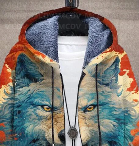 Men's Retro Print Plush Thick Long-Sleeved Coat Cardigan Wolf 3D Prined Fleece Hooded Overcoat Unisex Thick Warm Jacket