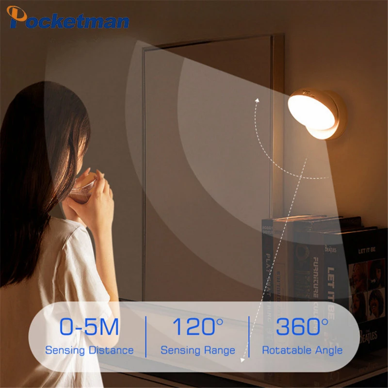 

360 Rotated Motion Sensor Night Light Led Wall Lamps USB Rechargeable Magnetic Attraction Bedroom Night Lamp Cupboard Lantern
