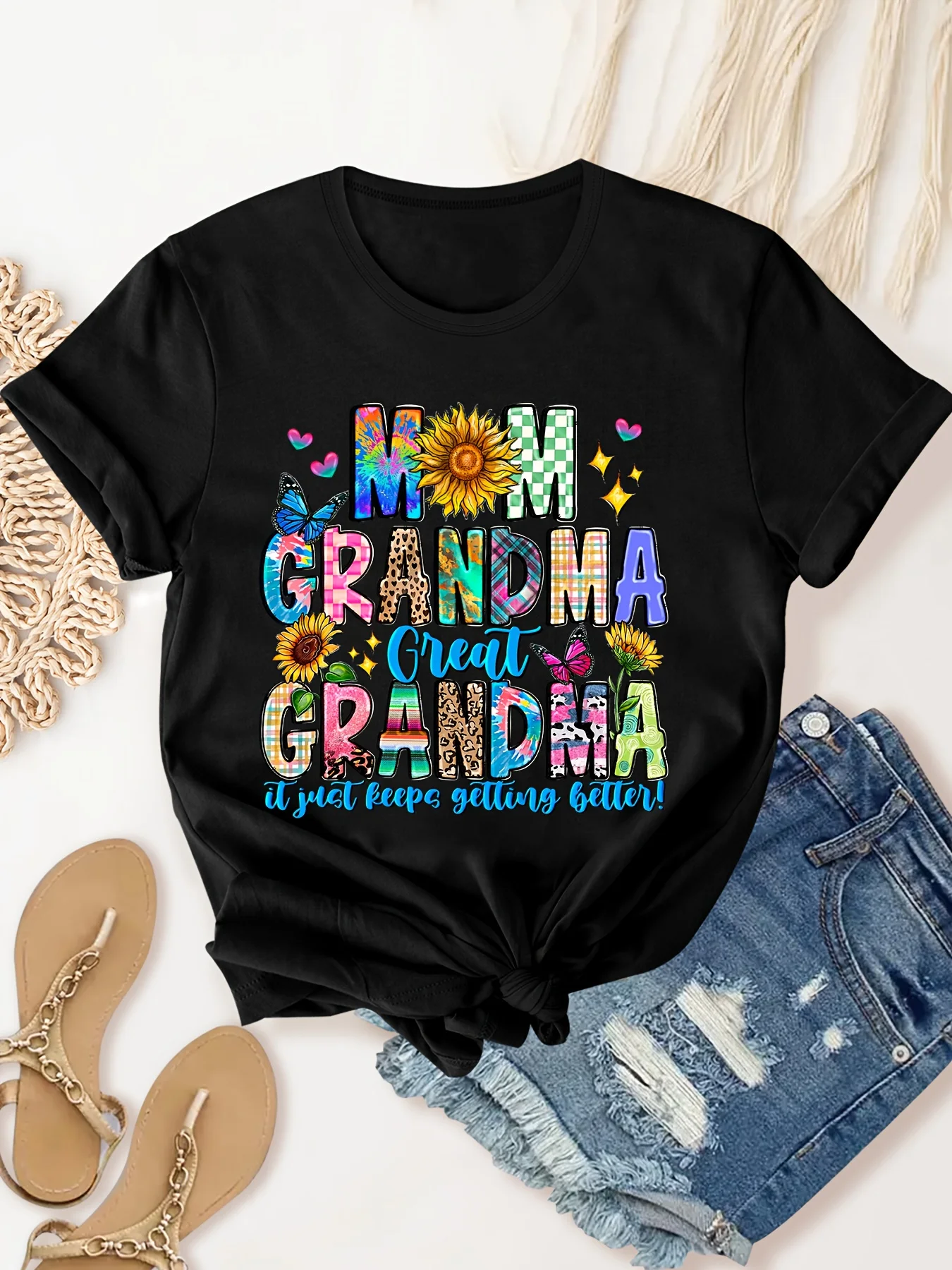 "Mom Grandma Great Grandma" Alphabet Cartoon Pattern Crew Neck T-Shirt, Casual Short Sleeve T-Shirt, Women's Clothing 1