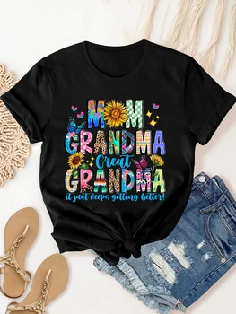 "Mom Grandma Great Grandma" Alphabet Cartoon Pattern Crew Neck T-Shirt, Casual Short Sleeve T-Shirt, Women's Clothing 1