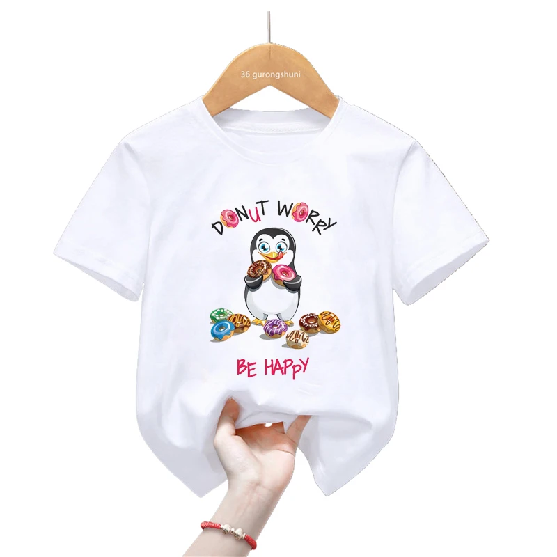 

Funny Kids Clothes Don'T Worry Be Happy Penguin/Hedgehog/ Pig Love Donuts Graphic Print T Shirt Girls Kawaii Kids Clothes Tops