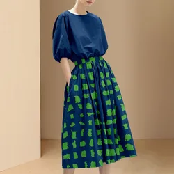 2022 Girls Summer Casual Two Pieces Set Womens O Neck Short Sleeves Tops+Printed Elastic Waist A Line Midi Skirts Elegant Suit