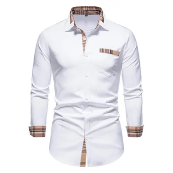 남성용 캐주얼 체크 무늬 셔츠, 스플라이스 긴팔 셔츠, 2023 가을 겨울 신상