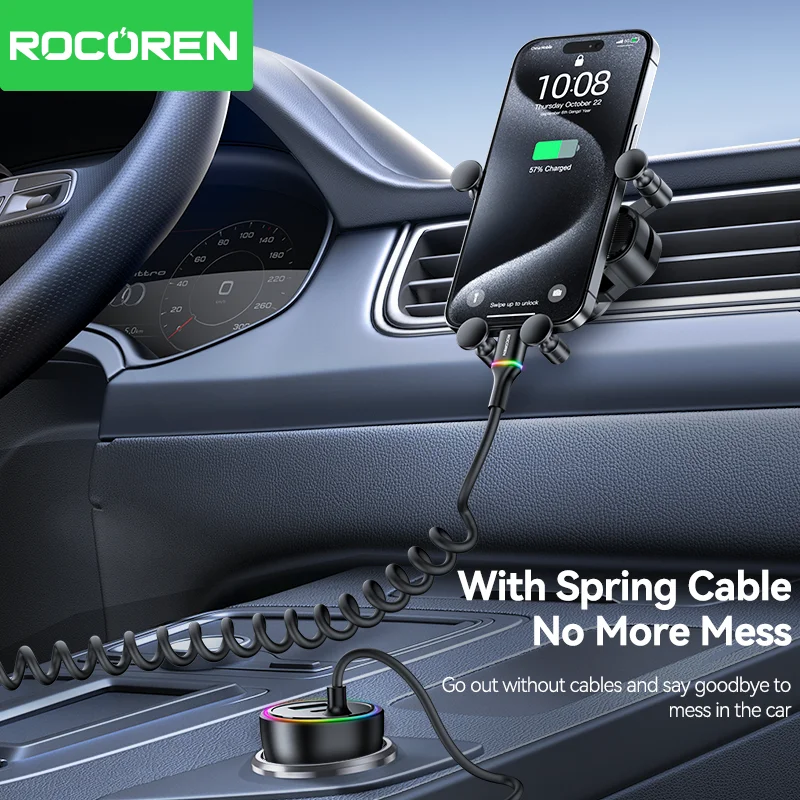 Rocoren 70W USB C Car Charger With Spring LED Cable Fast Charge Type-C USBC Car Charging Adapter For iPhone 16 15 Pro Max Xiaomi Best Sellers In Phones Accessories