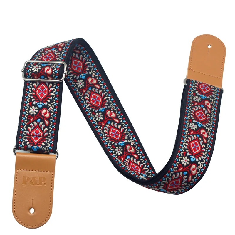 Embroidered Jacquard Guitar Strap with Leather Ends - Adjustable Cotton Band