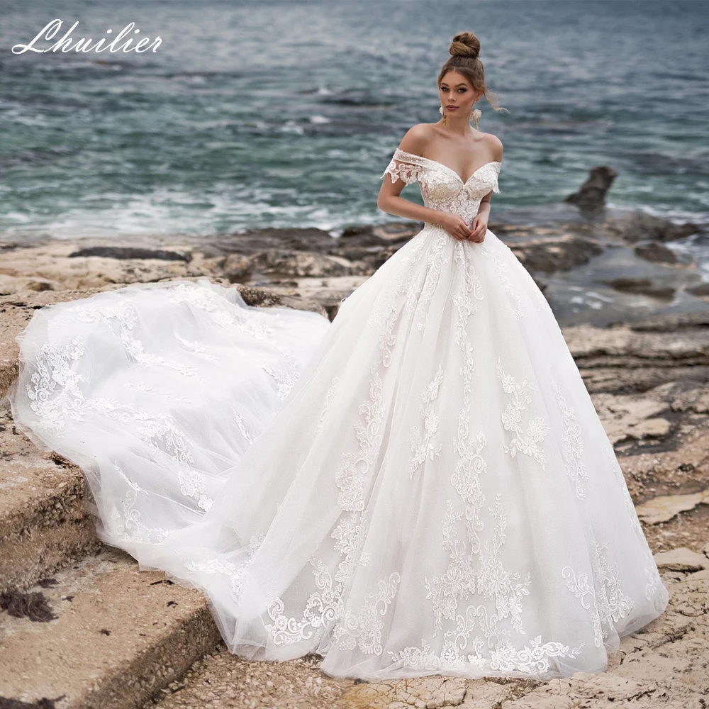 

Lhuillier A Line Off the Shoulder Wedding Dresses Floor Length Pearls Appliques Beaded Bridal Dress with Cathedral Train