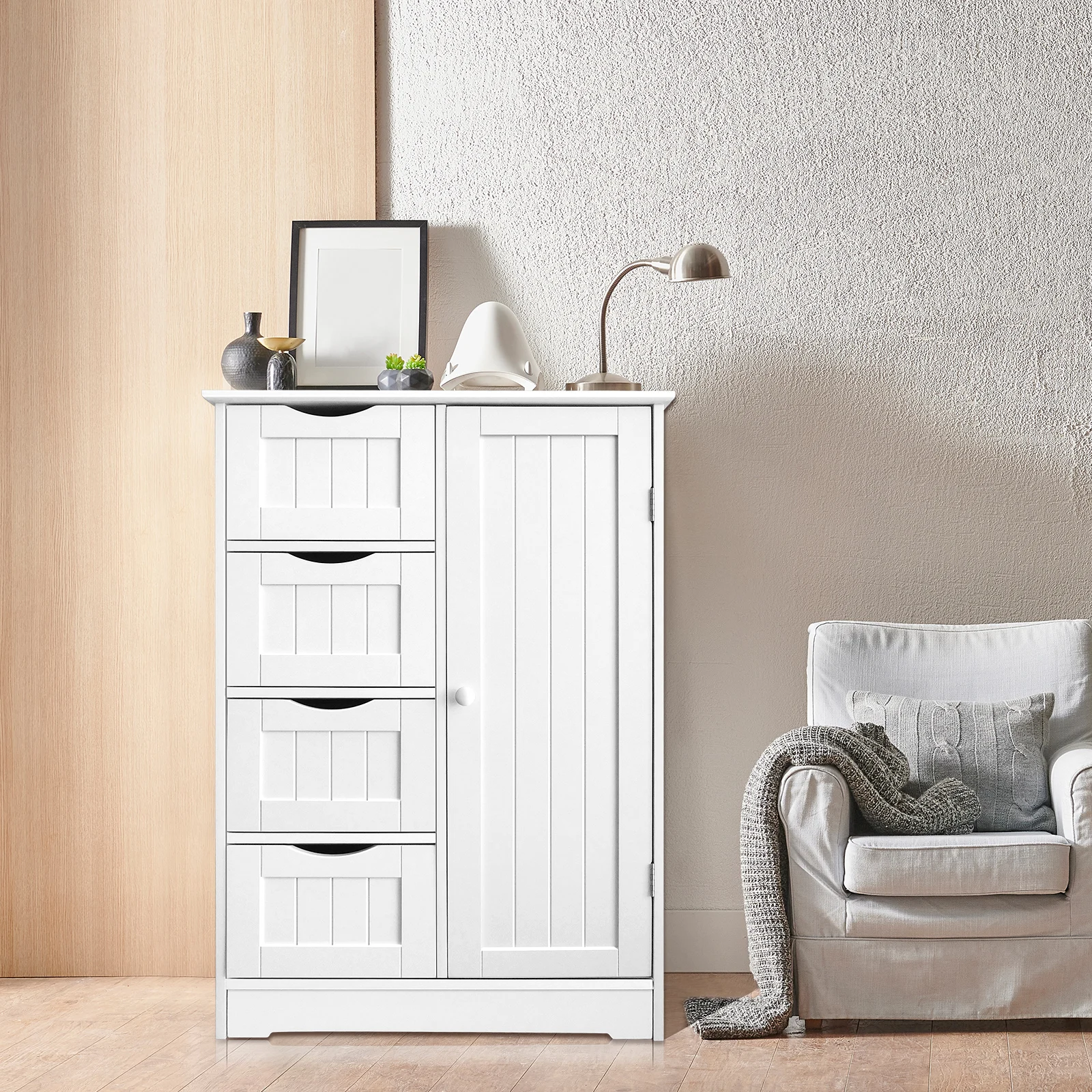 Cabinet Cupboard Free Standing Wooden Cabinet Storage Unit with 4 Drawers & 1 Door 3-Height Adjustable Shelf Utility Cabinet