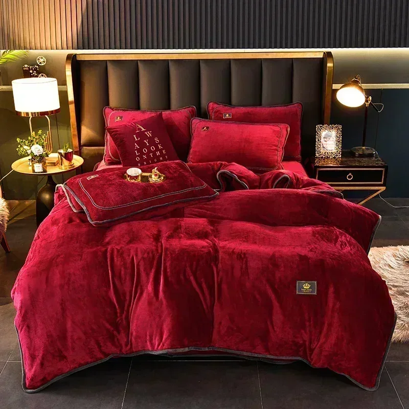 Milk Velvet Autumn Winter Warm Duvet Cover Set with Bed Sheet Quilt Cover and Pillowcases Warmth Cozy Bedding Set Queen High-end