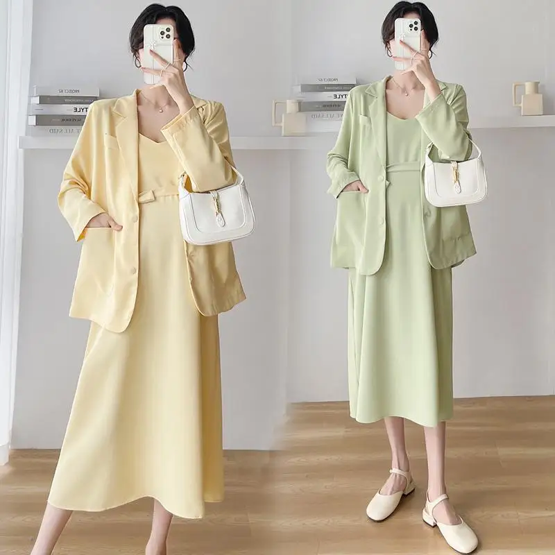 Autumn Pregnant Women's 2pcs Suits Set Office Lady Elegant Clothes Set Long Sleeve Blazers Strap Dress Twinset Green Yellow