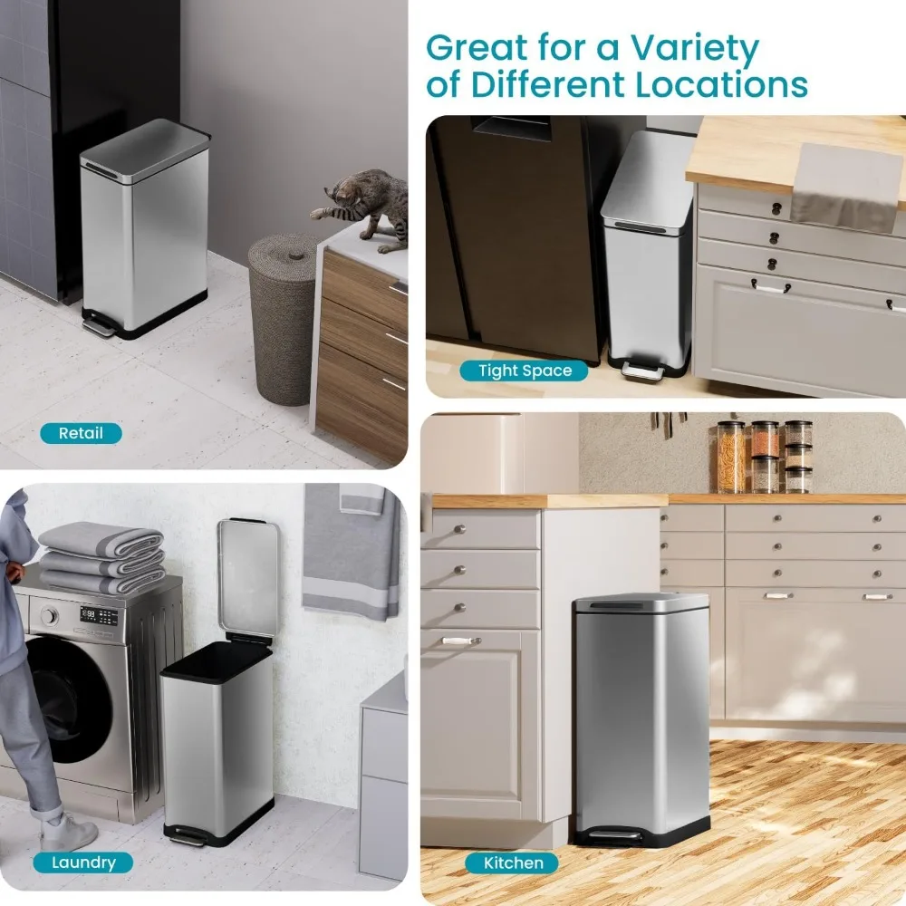 12 Gallon Slim Kitchen Trash Can with Slow Close Lid and Step Pedal, Stainless Steel, Silver, 45 Liters