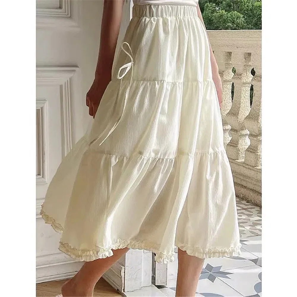 

White Fairy Literary Elegant Lace-Up Long Skirts Women High Waist Panelled Ruffled Pleated Skirt Korean Autumn Fashion Midi Saia