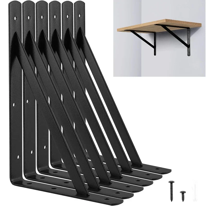 6PCS Shelf Floating Shelf Tripod Bracket Heavy Duty Black Steel for Decorative Wall Mount Joint Angle with Screws