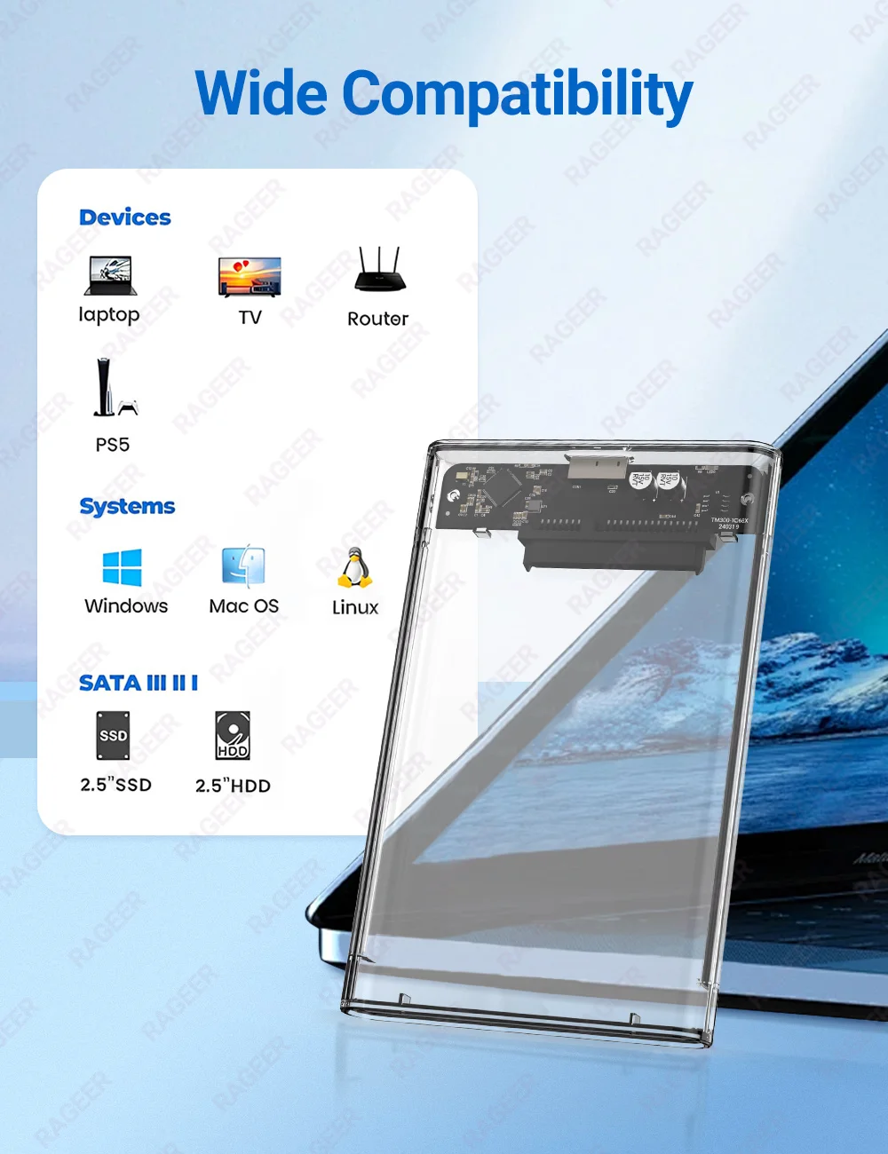 RAGEER 2.5 Externes Festplattengehäuse USB 3.0 zu SATA Transparentes Festplattengehäuse für 7mm/9.5mm SATA HDD/SSD Max 6TB UASP-Unterstützung – Detail 9