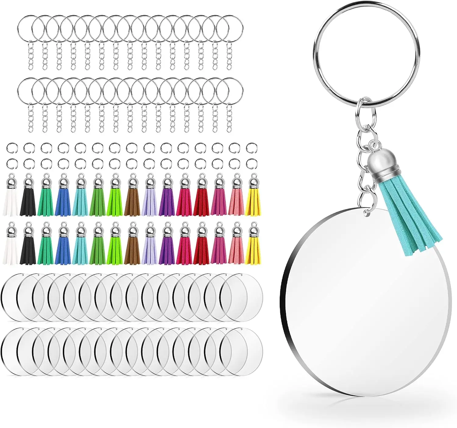 Acrylic Clear Circle Keychain Crafting Set with Tassel Pendants and Jump Rings - 40 Pieces